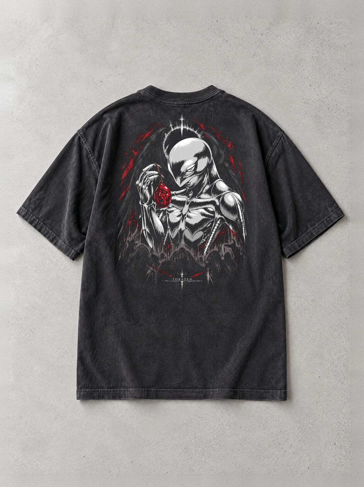 Crimson Behelit Gaze Vintage Tee - Berserk-inspired design by Torazen, back view