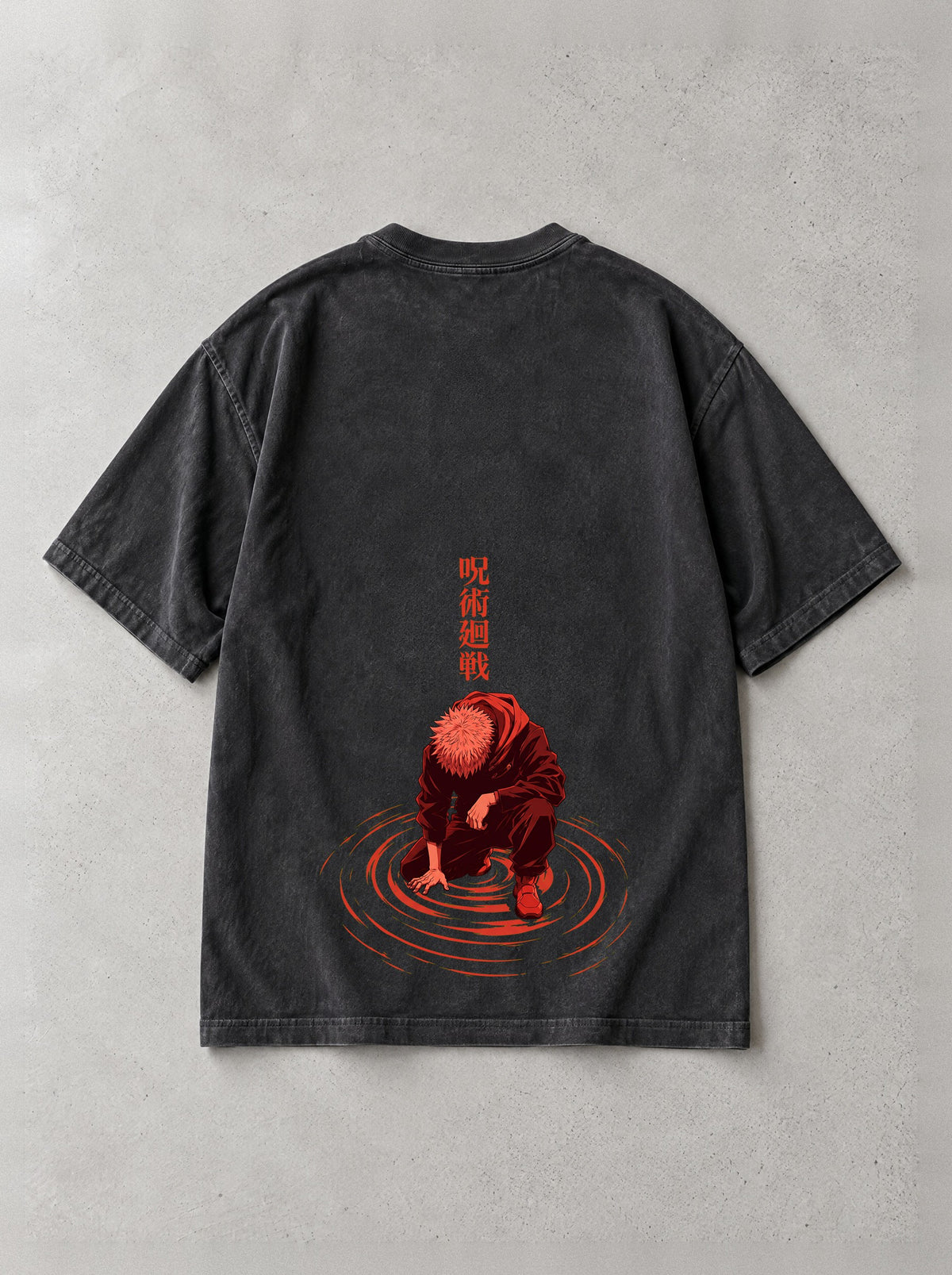 Crimson Ripple Kneel Vintage Tee - Jujutsu Kaisen-inspired design by Torazen, back view