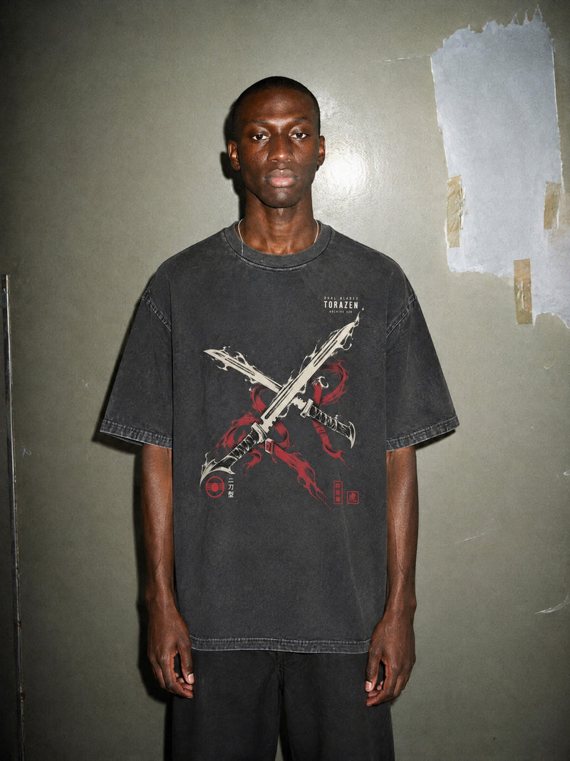 KJ-8 ✦ Dual Blades Vintage Tee by Torazen, worn on model