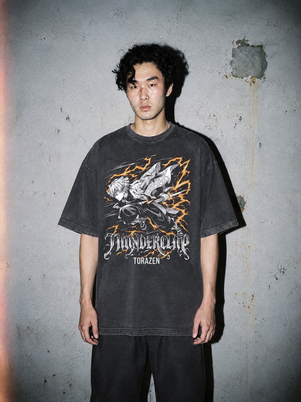 D-SLYR ✦ Thunderclap Script Vintage Tee by Torazen, worn on model