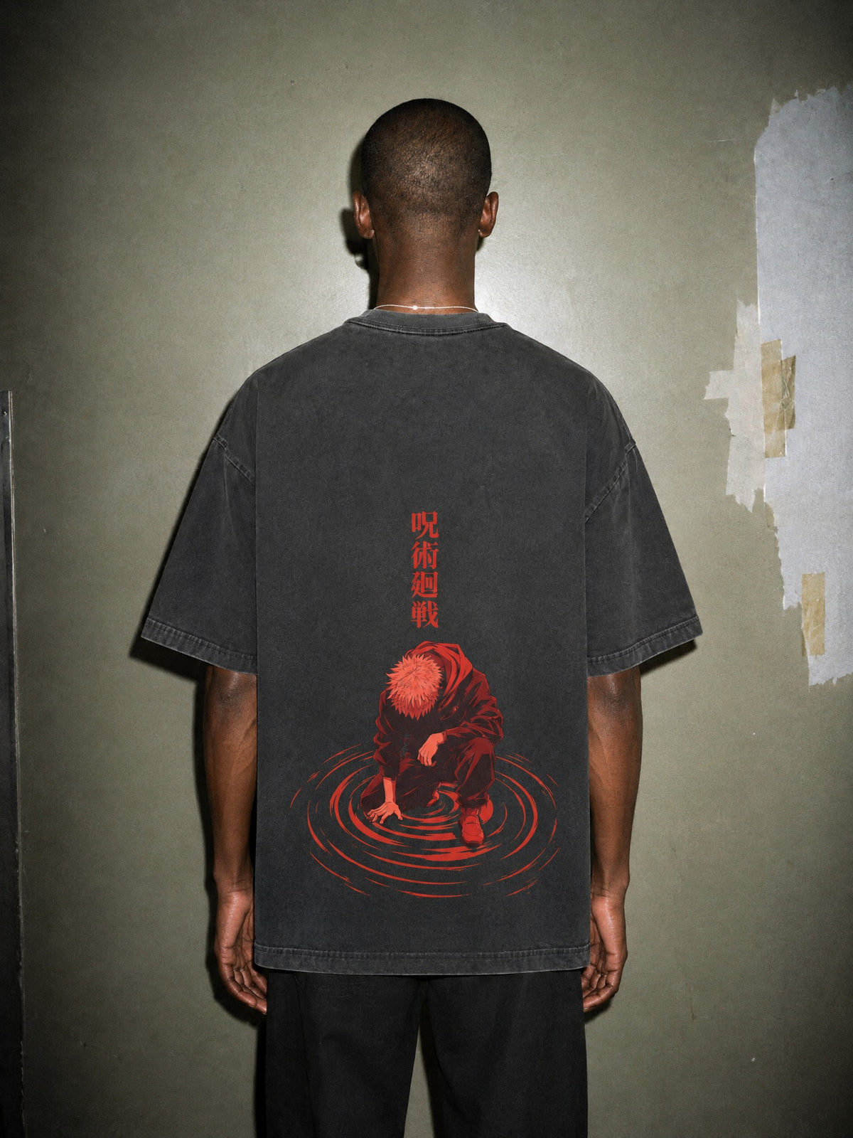 JJK ✦ Crimson Ripple Kneel Vintage Tee by Torazen, worn on model