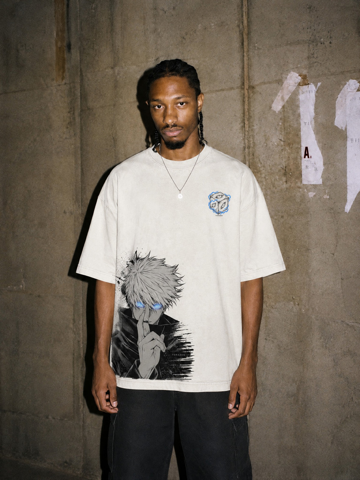 JJK ✦ Six Eyes Unsealed Vintage Tee by Torazen, worn on model