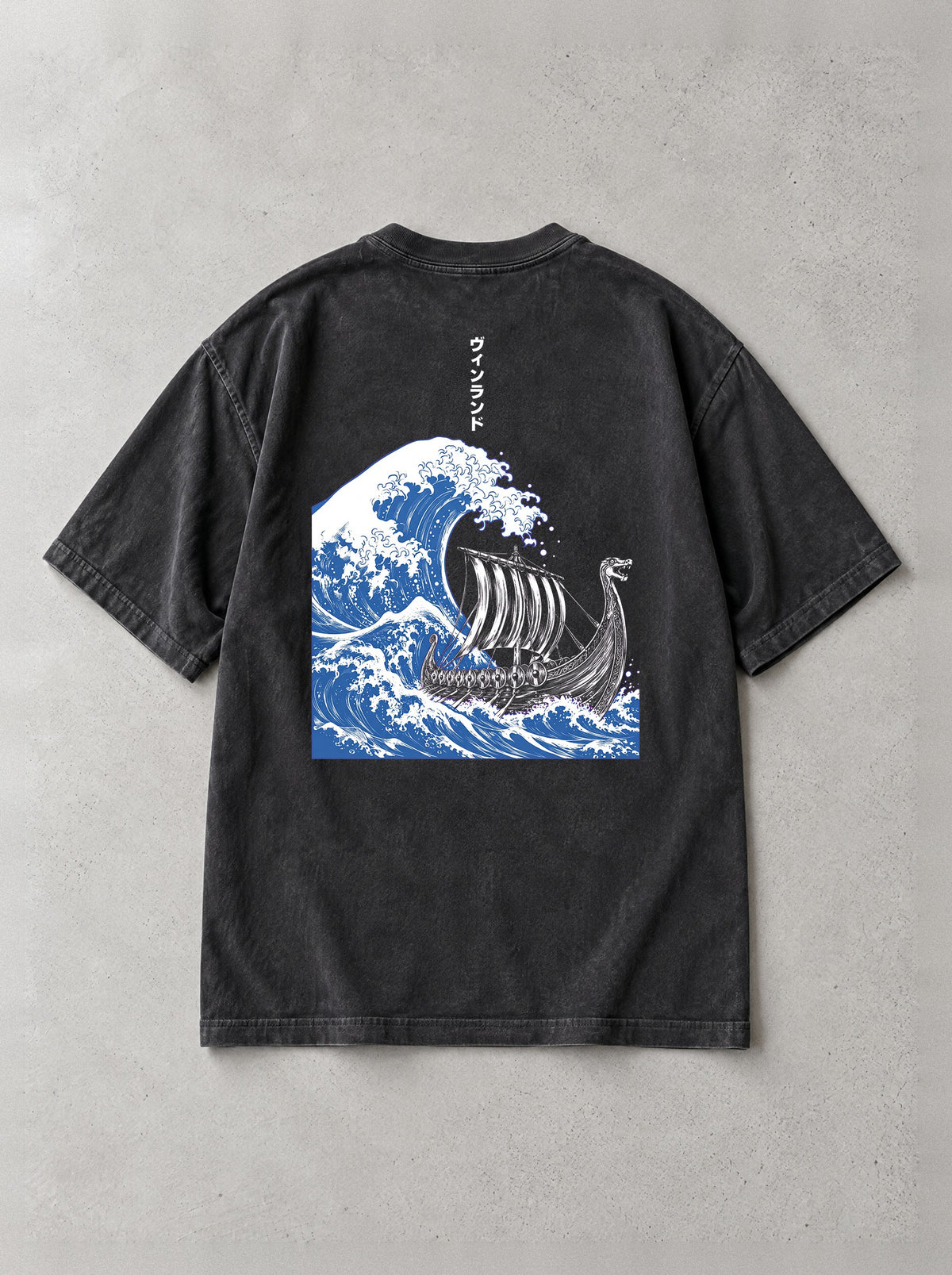 Longship Great Wave Vintage Tee - Vinland Saga-inspired design by Torazen, back view