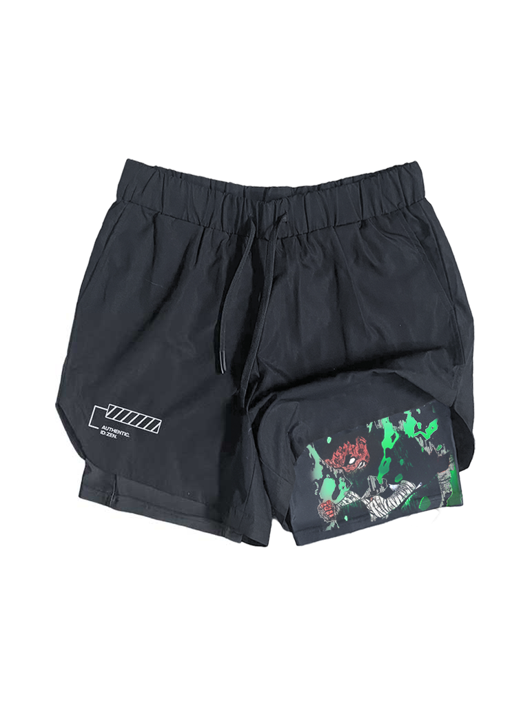 A shorts with anime-inspired design, blending manga shonen style with modern streetwear aesthetic.