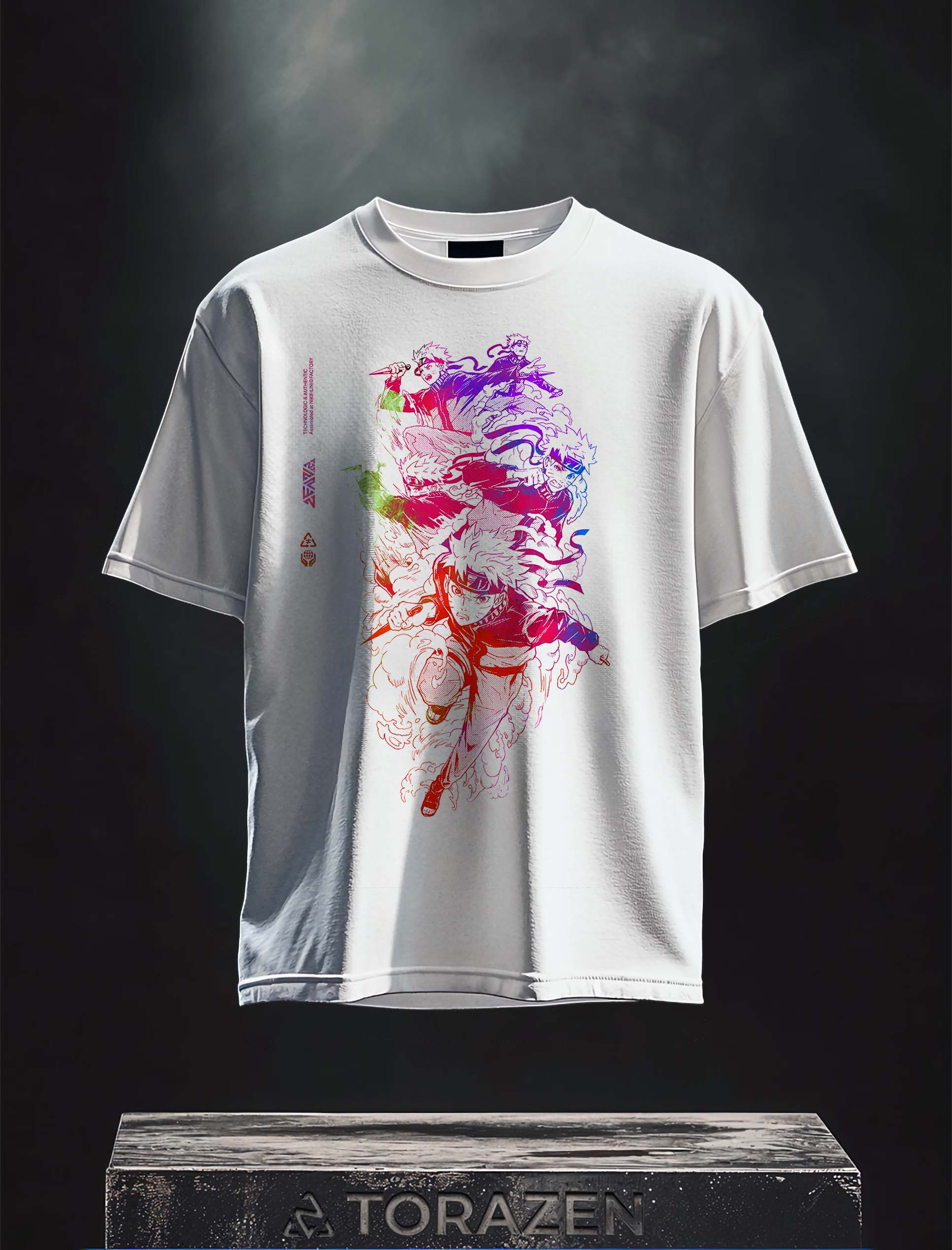 A t-shirt with anime-inspired design, blending manga shonen style with modern streetwear aesthetic.