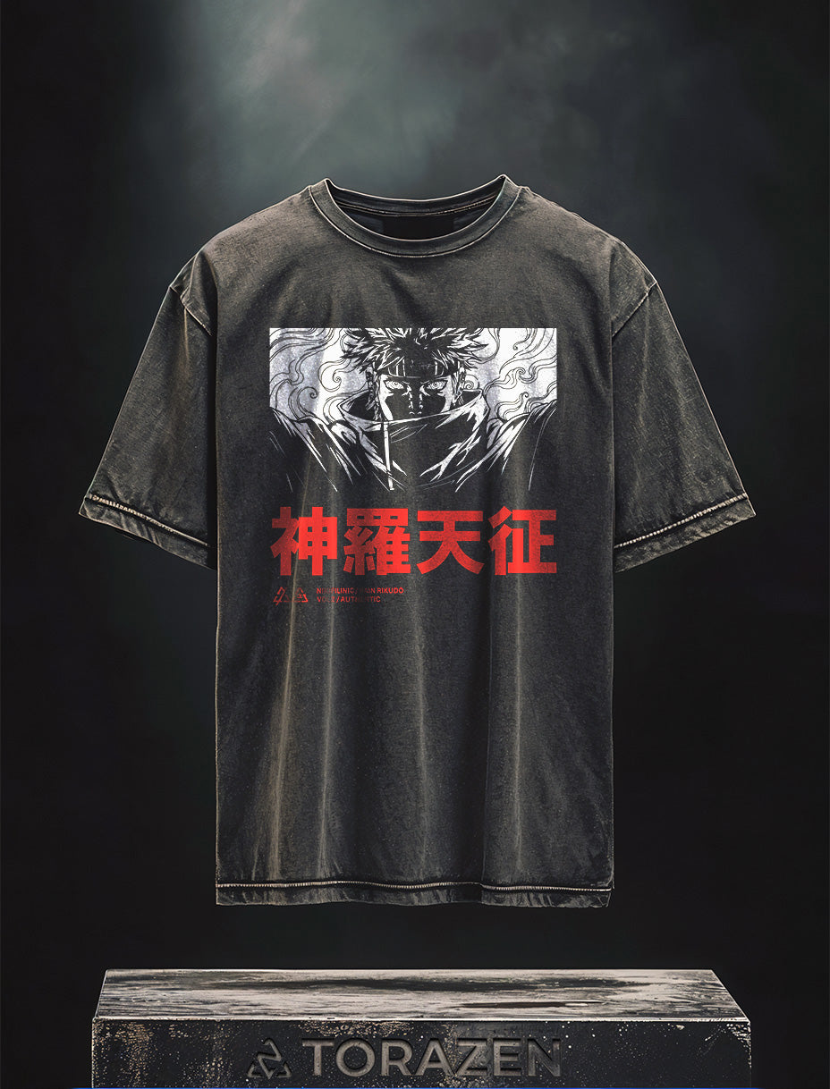 A t-shirt with anime-inspired design, blending manga shonen style with modern streetwear aesthetic.