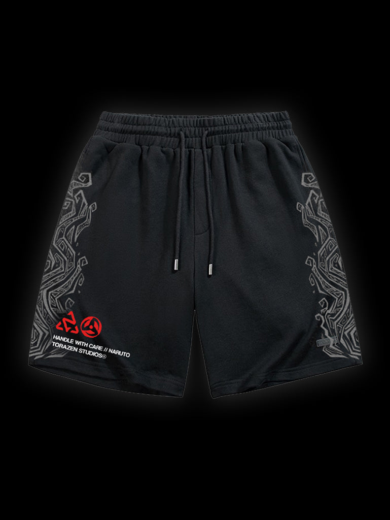 A shorts with anime-inspired design, blending manga shonen style with modern streetwear aesthetic.