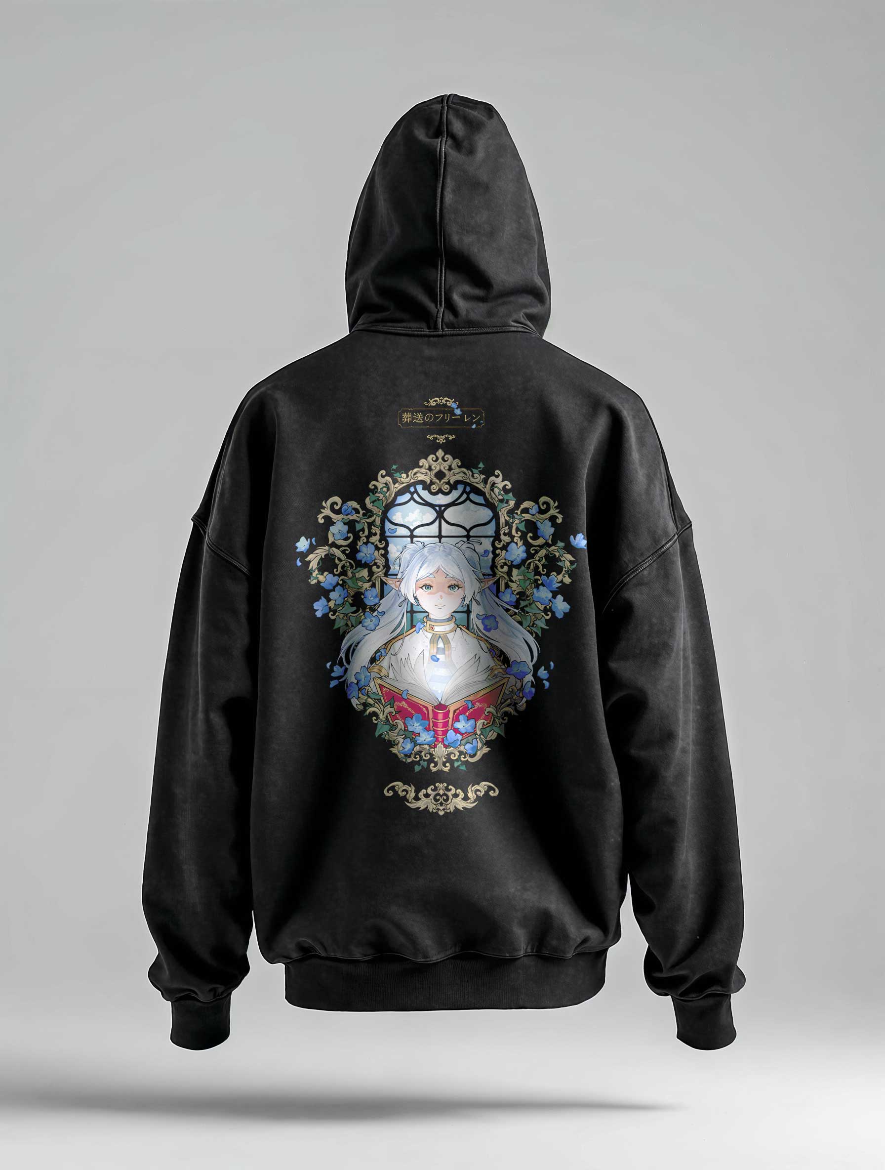 A hoodie with anime-inspired design, blending manga shonen style with modern streetwear aesthetic.