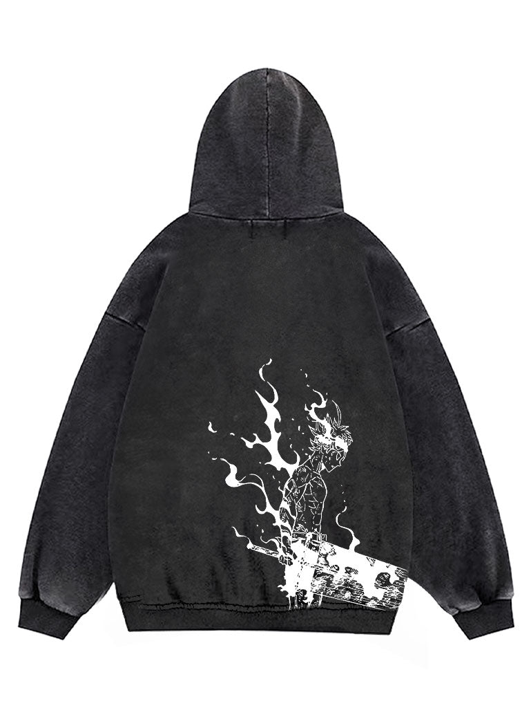 A hoodie with anime-inspired design, blending manga shonen style with modern streetwear aesthetic.