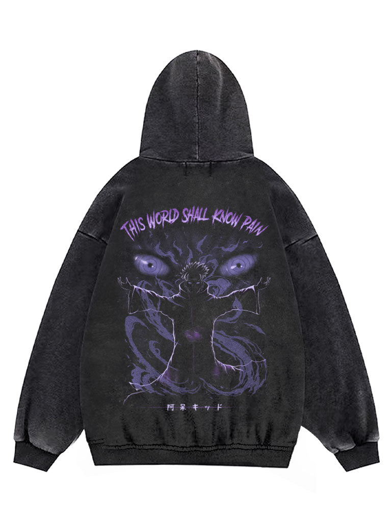 A hoodie with anime-inspired design, blending manga shonen style with modern streetwear aesthetic.