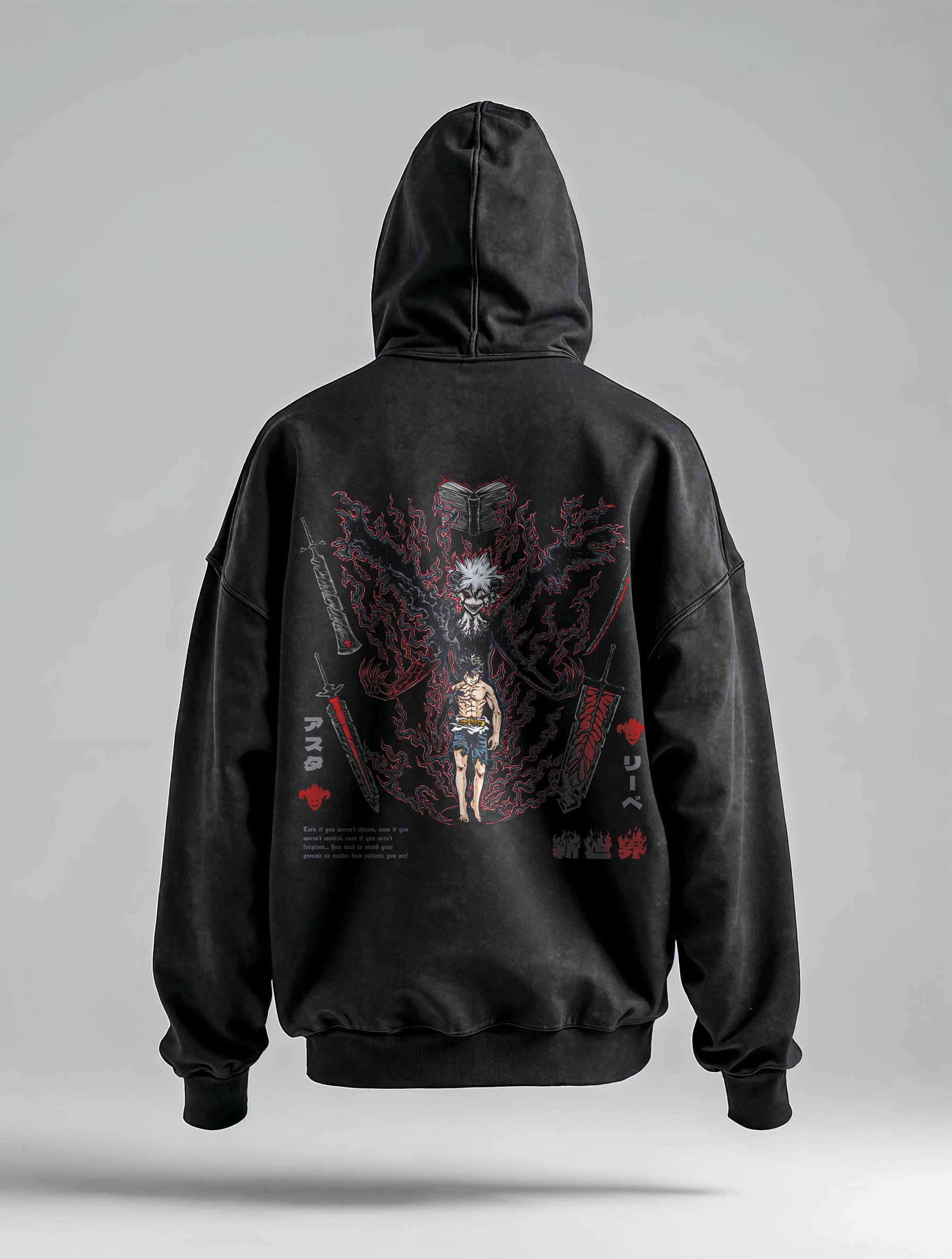 A hoodie with anime-inspired design, blending manga shonen style with modern streetwear aesthetic.