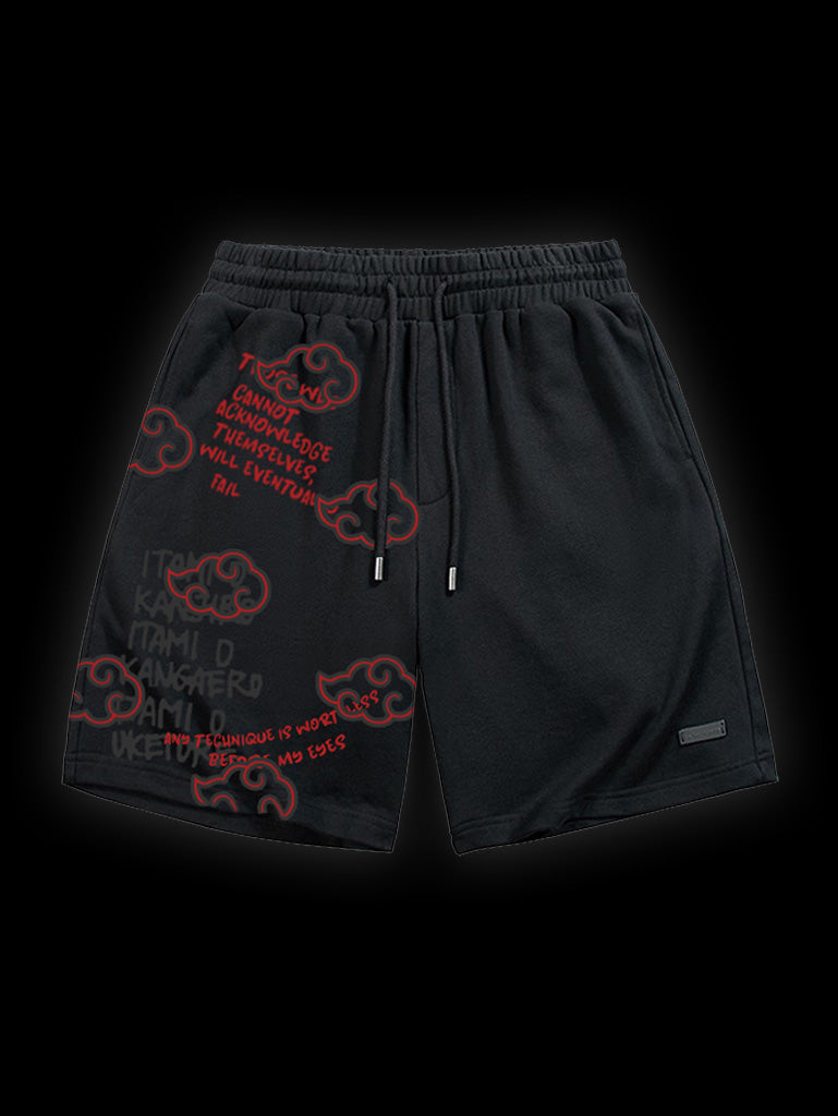 A shorts with anime-inspired design, blending manga shonen style with modern streetwear aesthetic.