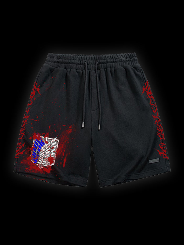A shorts with anime-inspired design, blending manga shonen style with modern streetwear aesthetic.