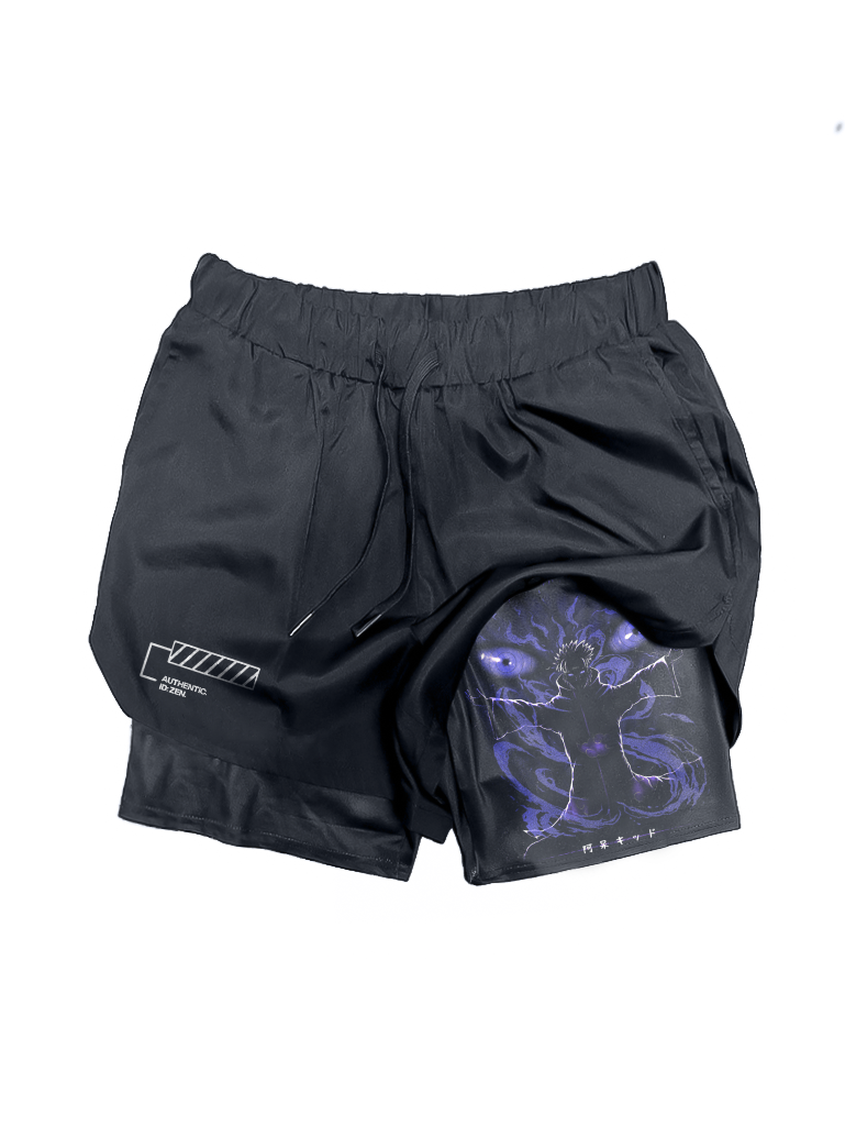 A shorts with anime-inspired design, blending manga shonen style with modern streetwear aesthetic.