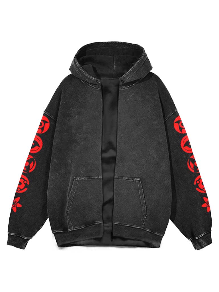 A zipper hoodie with anime-inspired design, blending manga shonen style with modern streetwear aesthetic.