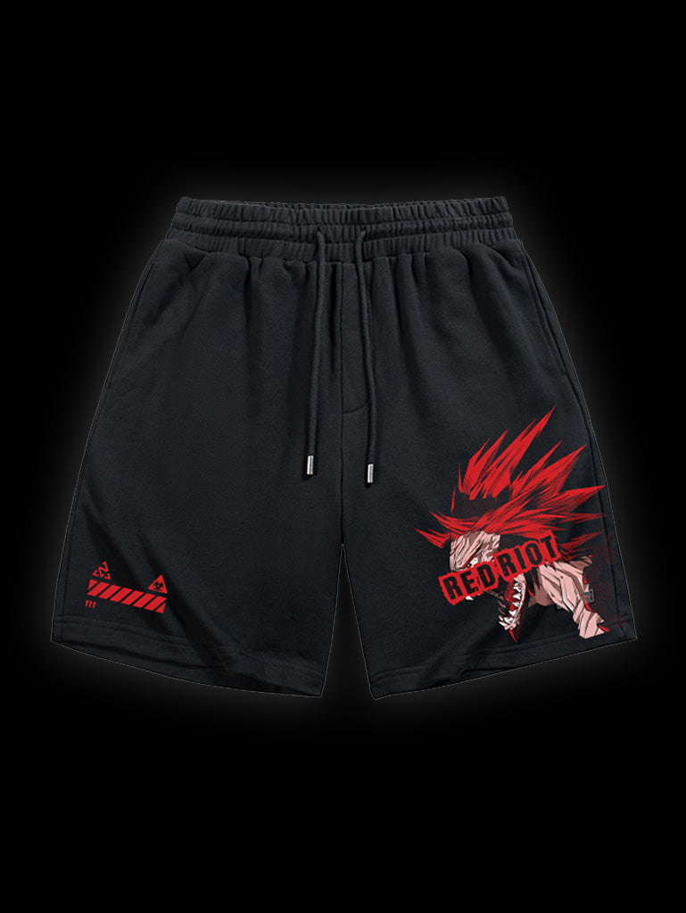 A shorts with anime-inspired design, blending manga shonen style with modern streetwear aesthetic.