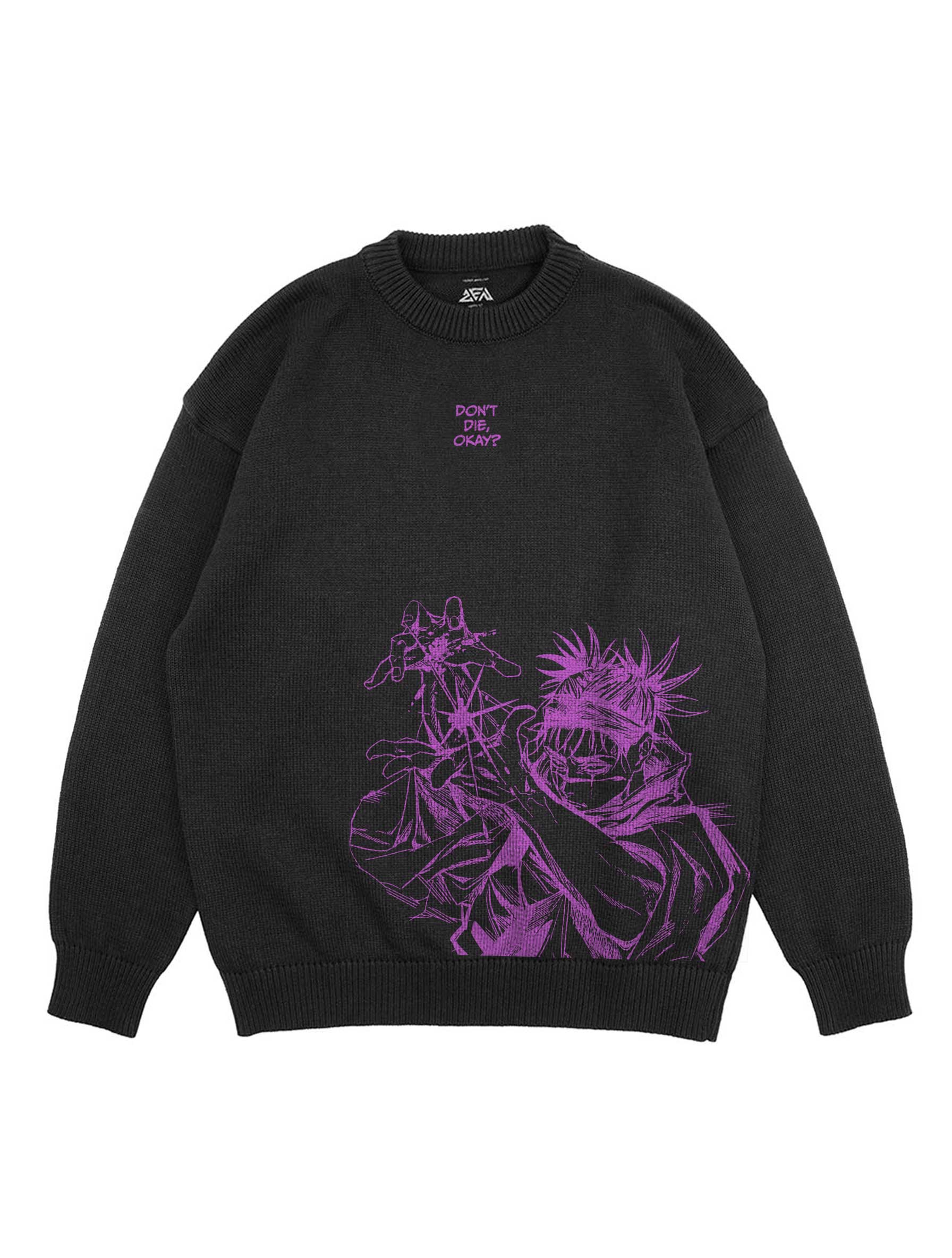 A sweater with anime-inspired design, blending manga shonen style with modern streetwear aesthetic.