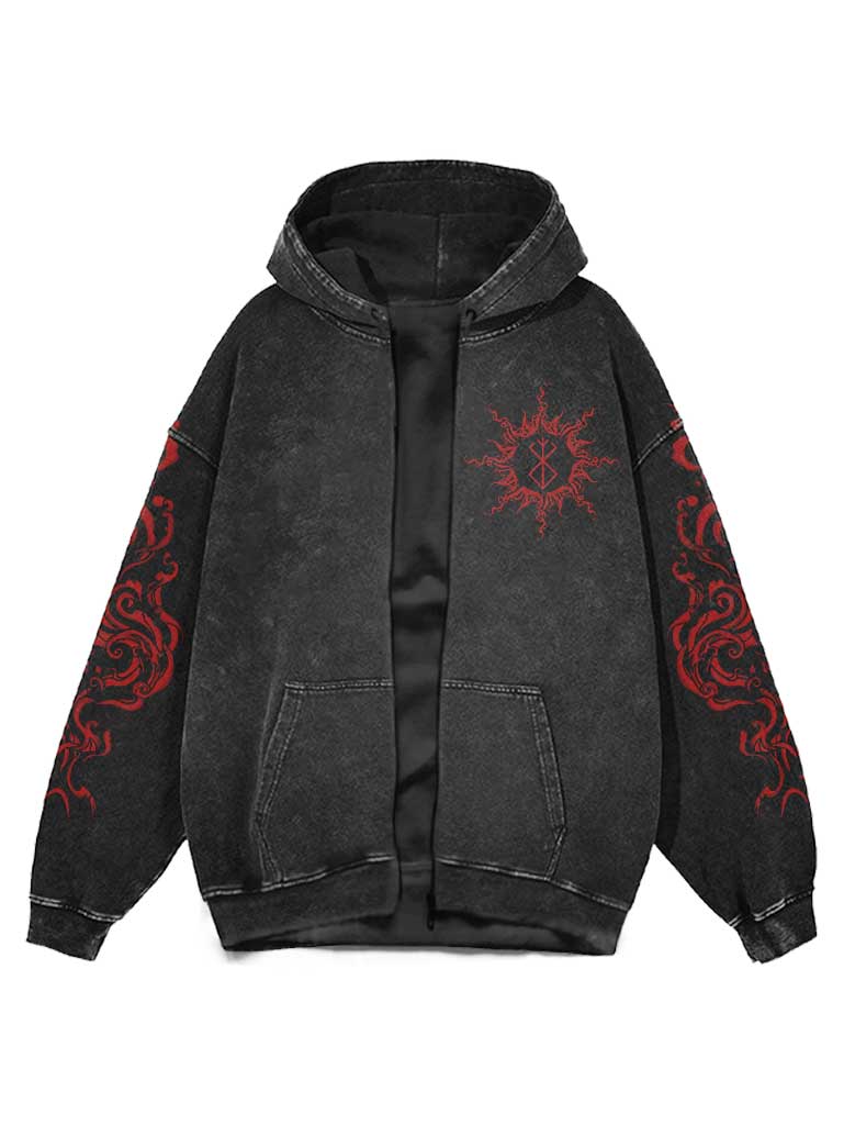 A zipper hoodie with anime-inspired design, blending manga shonen style with modern streetwear aesthetic.