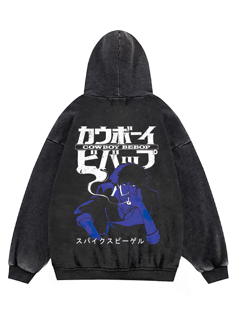A hoodie with anime-inspired design, blending manga shonen style with modern streetwear aesthetic.