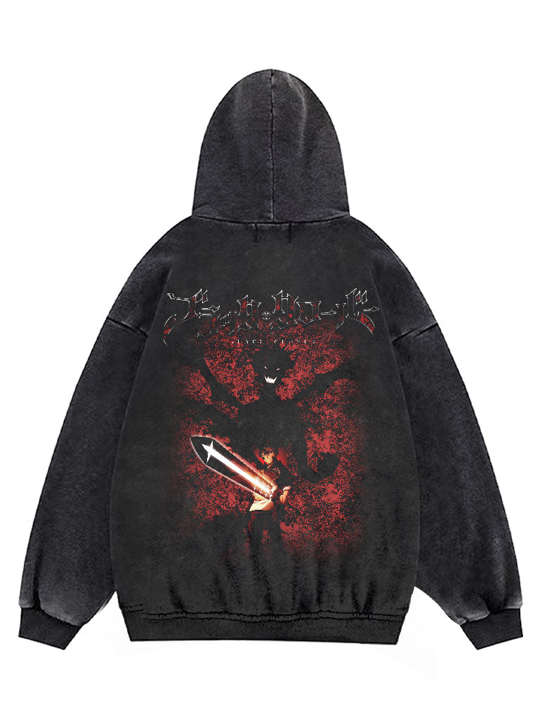 A hoodie with anime-inspired design, blending manga shonen style with modern streetwear aesthetic.