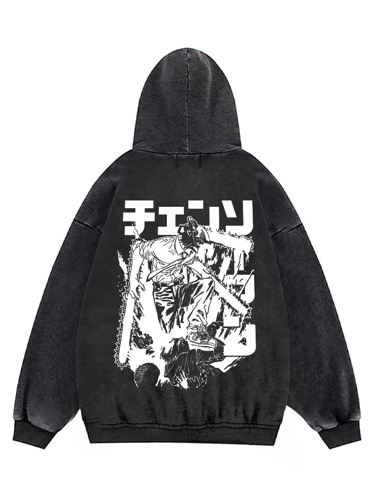 A hoodie with anime-inspired design, blending manga shonen style with modern streetwear aesthetic.