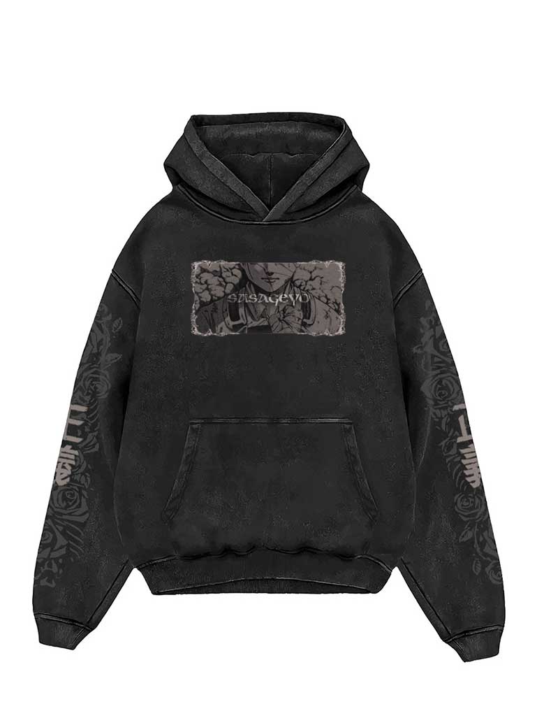 A hoodie with anime-inspired design, blending manga shonen style with modern streetwear aesthetic.