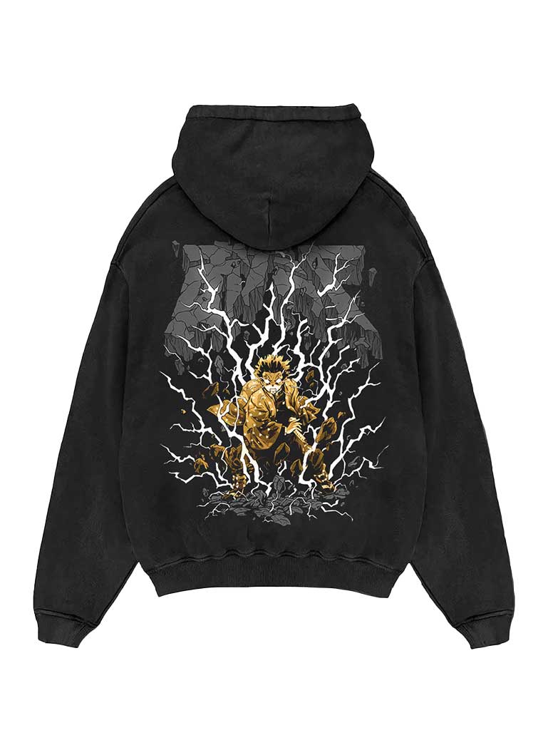 A hoodie with anime-inspired design, blending manga shonen style with modern streetwear aesthetic.