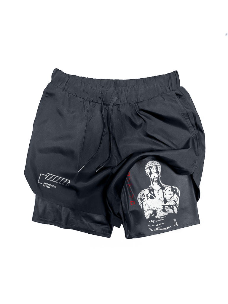 A shorts with anime-inspired design, blending manga shonen style with modern streetwear aesthetic.