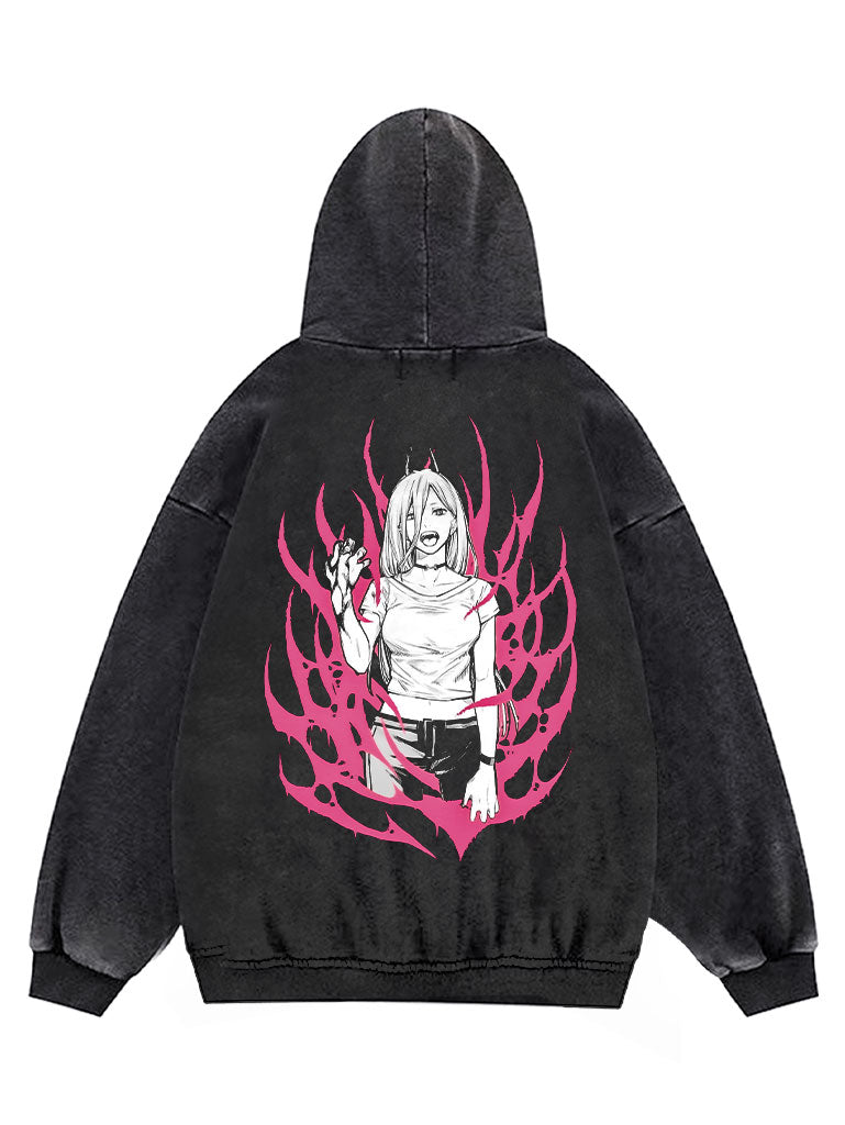 A hoodie with anime-inspired design, blending manga shonen style with modern streetwear aesthetic.