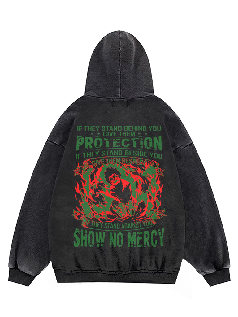A hoodie with anime-inspired design, blending manga shonen style with modern streetwear aesthetic.