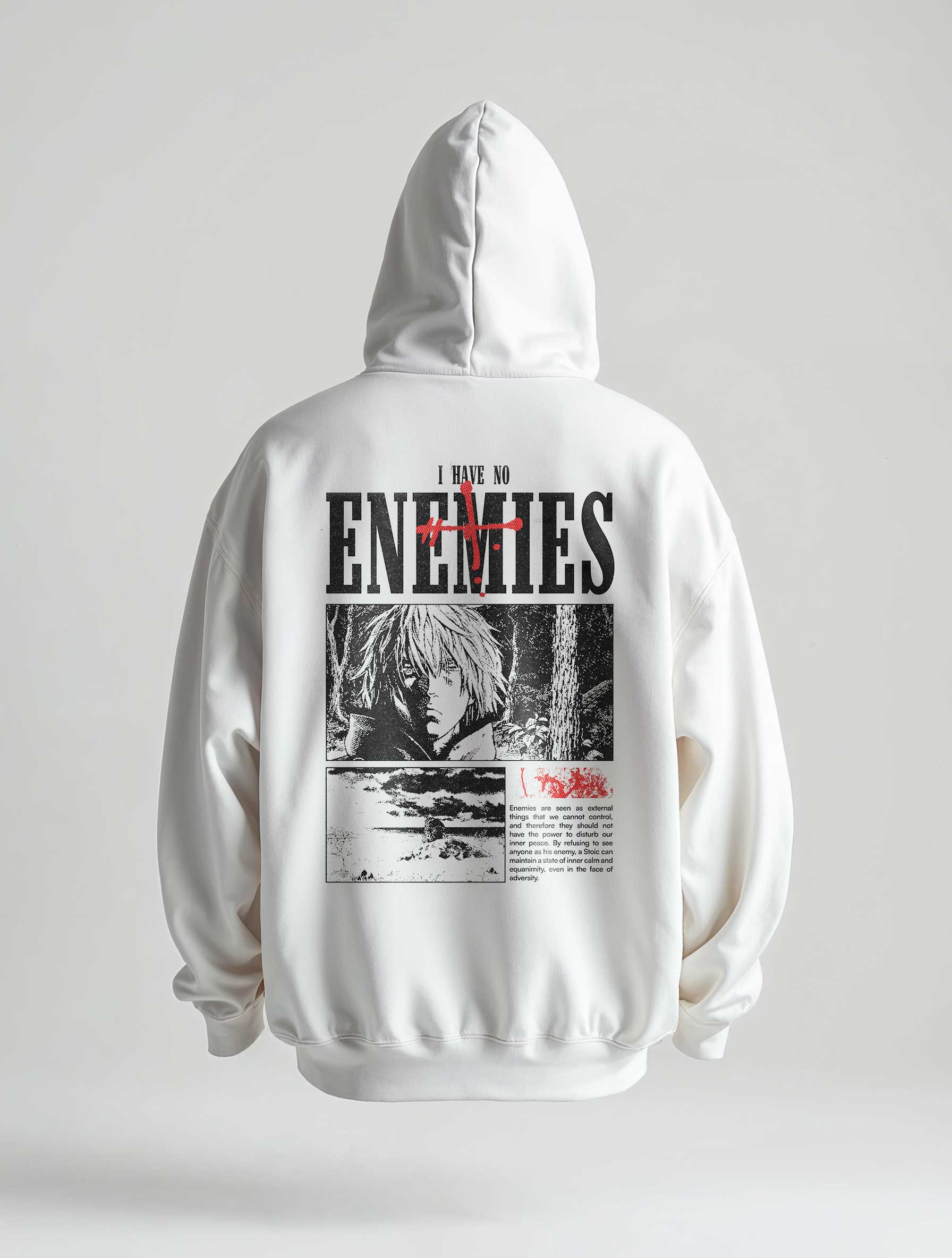 A hoodie with anime-inspired design, blending manga shonen style with modern streetwear aesthetic.