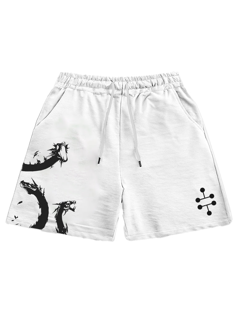 A shorts with anime-inspired design, blending manga shonen style with modern streetwear aesthetic.