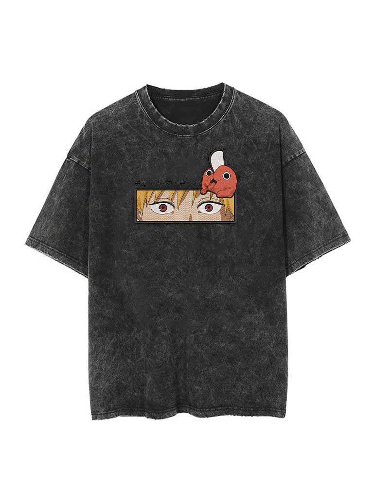 anime-inspired tee with chainsaw fiend x chainsaw devil embroidery tee design
