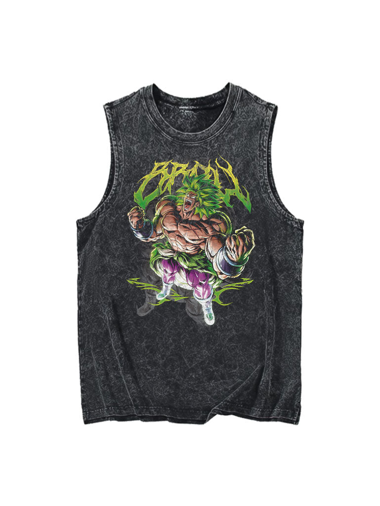 A tank top with anime-inspired design, blending manga shonen style with modern streetwear aesthetic.