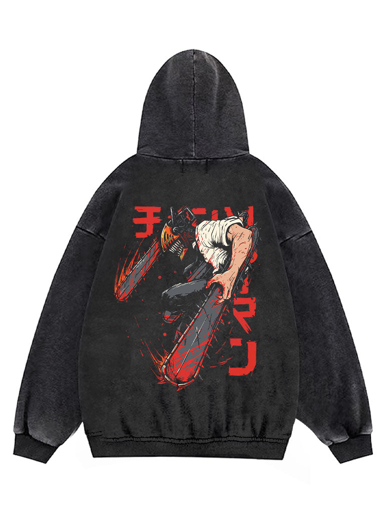 A hoodie with anime-inspired design, blending manga shonen style with modern streetwear aesthetic.