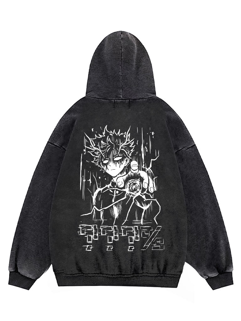 A hoodie with anime-inspired design, blending manga shonen style with modern streetwear aesthetic.