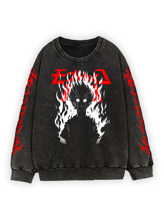 A sweatshirt with anime-inspired design, blending manga shonen style with modern streetwear aesthetic.