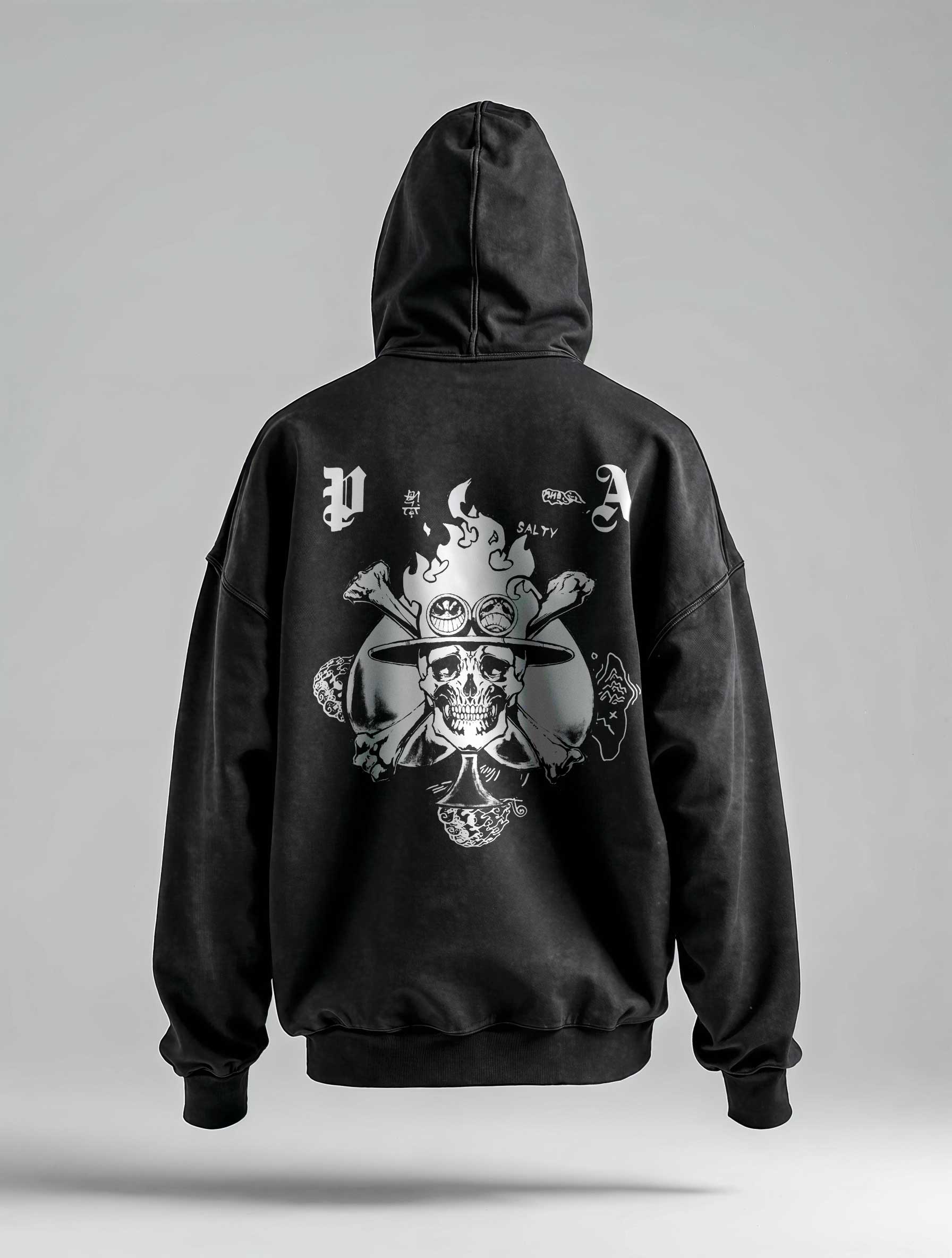 A hoodie with anime-inspired design, blending manga shonen style with modern streetwear aesthetic.