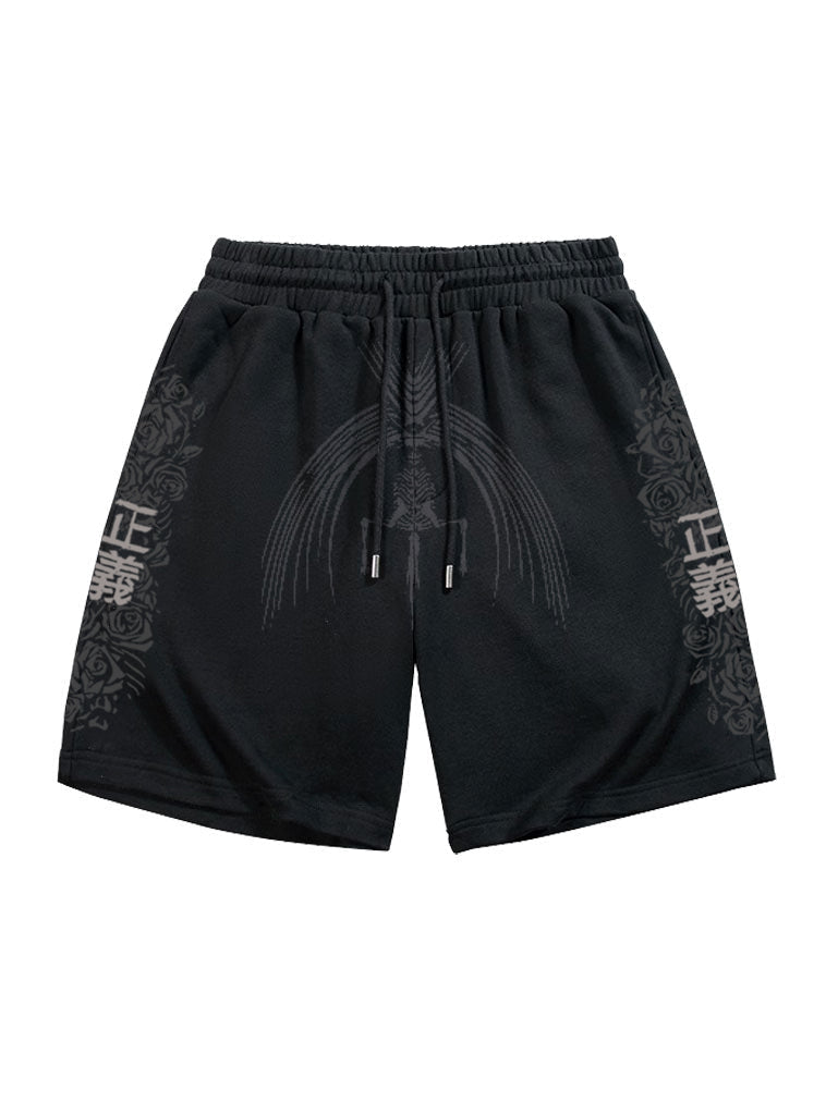 A shorts with anime-inspired design, blending manga shonen style with modern streetwear aesthetic.
