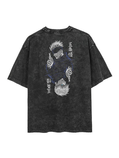 anime-inspired tee with blindfolded sorcerer six eyes 2-sided vintage tee design