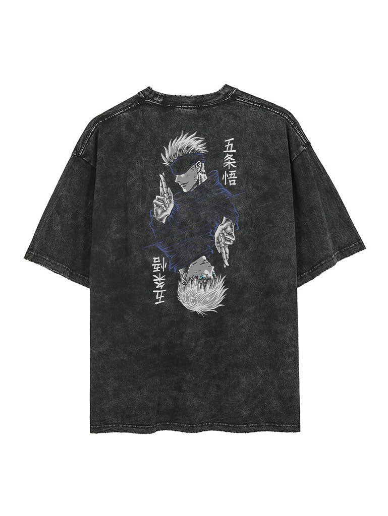 anime-inspired tee with blindfolded sorcerer six eyes 2-sided vintage tee design