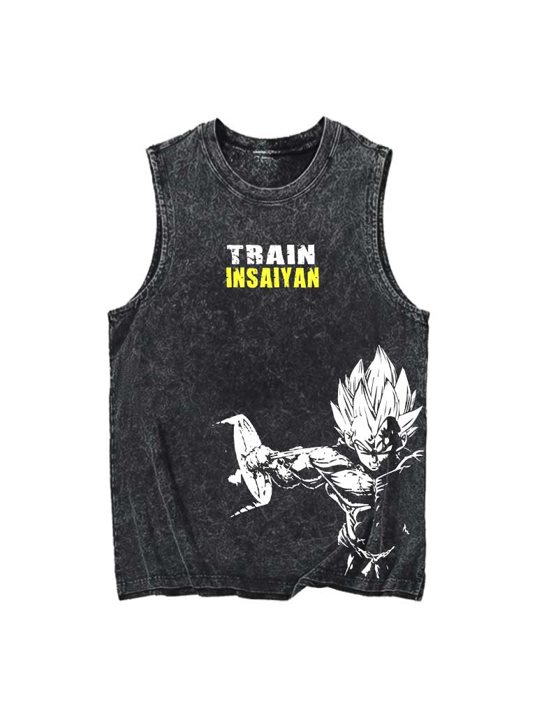 A tank top with anime-inspired design, blending manga shonen style with modern streetwear aesthetic.