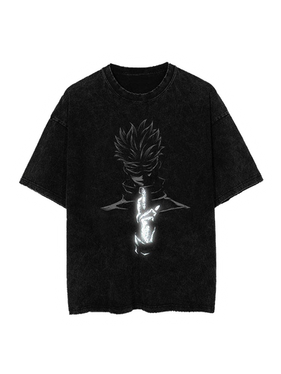 anime-inspired tee with blindfolded sorcerer reflective vintage tee design