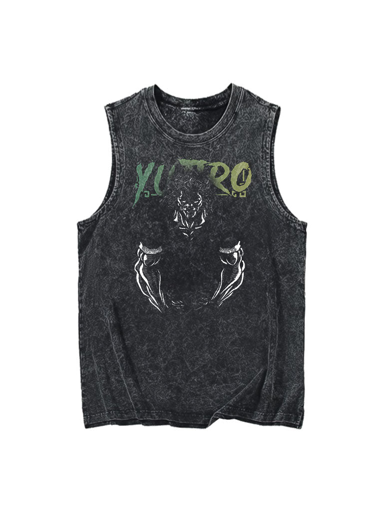 A tank top with anime-inspired design, blending manga shonen style with modern streetwear aesthetic.