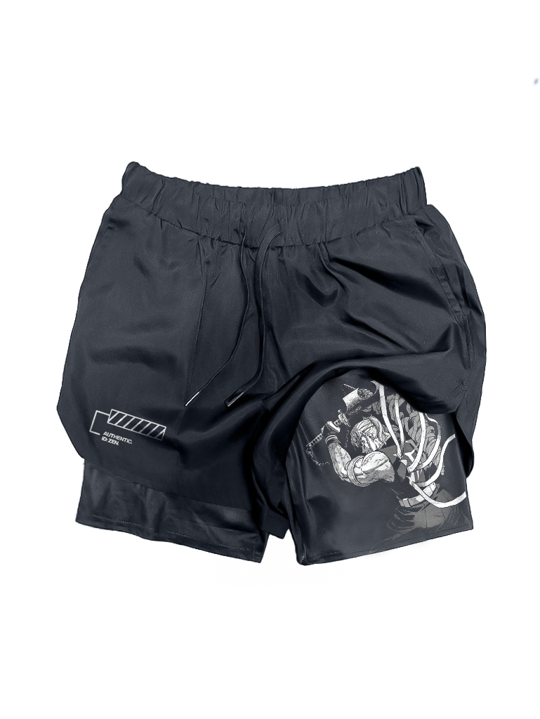 A shorts with anime-inspired design, blending manga shonen style with modern streetwear aesthetic.