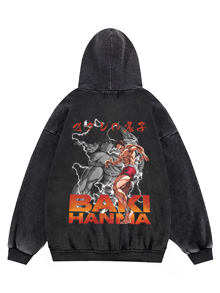 A hoodie with anime-inspired design, blending manga shonen style with modern streetwear aesthetic.