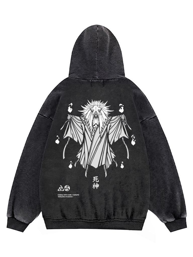 A hoodie with anime-inspired design, blending manga shonen style with modern streetwear aesthetic.