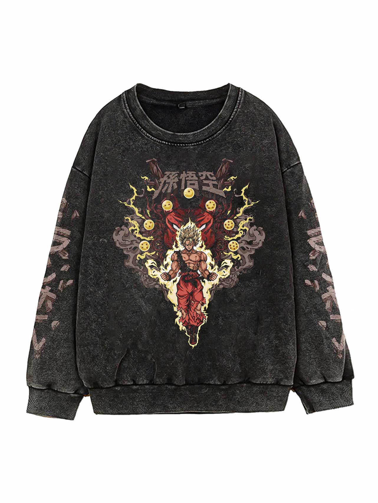 A sweatshirt with anime-inspired design, blending manga shonen style with modern streetwear aesthetic.