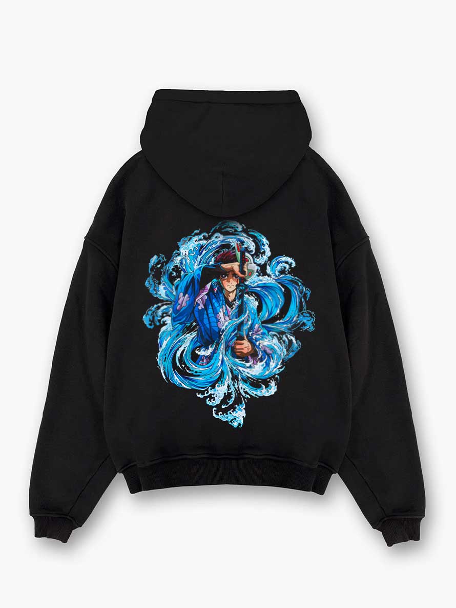 A hoodie with anime-inspired design, blending manga shonen style with modern streetwear aesthetic.