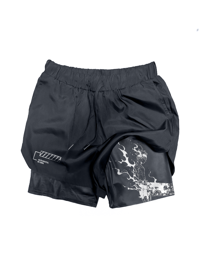 A shorts with anime-inspired design, blending manga shonen style with modern streetwear aesthetic.